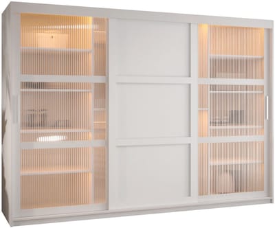 Zweefdeurkast Kledingkast met 3 schuifdeuren glanzen slaapkamerkast Kledingstang met planken Garderobekast met geribbeld glas - ARTON 3 (250 cm, Wit)