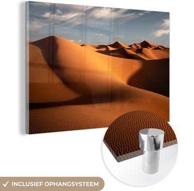 ® Glasschilderij 180x120 cm - Schilderij acrylglas - De Marokkaanse duinen Erg Chebbi tijdens de ochtend - Foto op glas - Muurdecoratie woonkamer - Wanddecoratie slaapkamer - Schilderijen