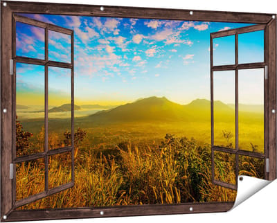 Gards Tuinposter Doorkijk Bergen met Mist in Thailand - 150x100 cm - Tuindoek - Tuindecoratie - Wanddecoratie buiten - Tuinschilderij