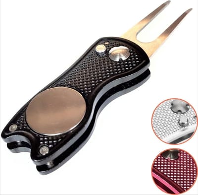 Ulanax - Pitchfork & balmarker 2 in 1 - Golf - Opvouwbaar - RVS - 11.5*3*1cm - Zwart