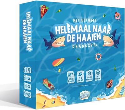 Drankspel Helemaal naar de Haaien – 52 Opdrachtkaartjes, Dobbelsteen en Speelbord – 2-6 Spelers