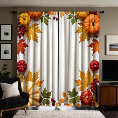 Ensemble 2 pièces HD Fête de la Moisson petite citrouille fraîche Feuille d'érable rideau blanc attache rideau imprimé numériquement Style Décoration de la maison Decora W52H63inchW132H160cm white