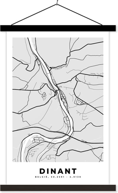 Posterhanger incl. Poster 40x60 cm - Schoolplaat - Stadskaart – Zwart Wit - Kaart – Dinant – België – Plattegrond - Textielposter - Zwarte latten - Stadskaart