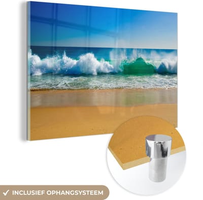 MuchoWow® Glasschilderij 120x80 cm - Schilderij acrylglas - Zee - Golf - Strand - Foto op glas - Muurdecoratie woonkamer - Wanddecoratie slaapkamer - Schilderijen