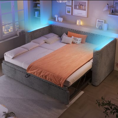 DESMIU Dagbed 90x200 cm – Multifunctioneel Uitklapbed met Ledverlichting – Van 90x200 cm Naar 180x200 cm – Voor Slaapkamer, Logeerkamer En Kinderkamer – Fluweel – Grijs – Zonder Matras