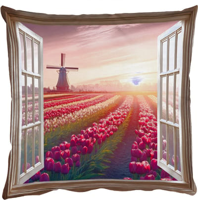 Sierkussens - Kussentjes Woonkamer - 50x50 cm - Doorkijk - Tulpen - Zonsondergang - Bloemen - Kleurrijk