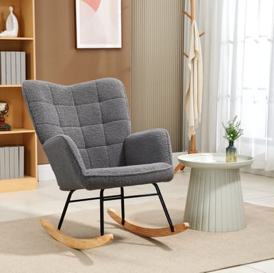 OKWISH Schommelstoel 71 x 98 x 101 cm - Zachte Berberlook Bekleding Met Armleuningen En Hoge Rugleuning - Voor Woonkamer Of Slaapkamer - Polyester - Donkergrijs