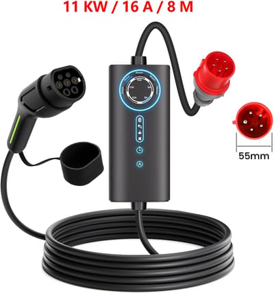 EV Laadkabel Type 2 – 8 Meter 11kW 3-Fase – CEE Rood – Instelbare Stroomsterkte 6A/8A/10A/13A/16A - IP67 Waterdicht