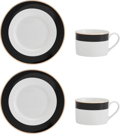 Mikasa - Theekopjes met Schoteltjes - Luxe Deco - Zwart Wit Goud - Set van 2 - 200ml