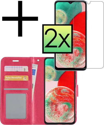 Hoesje - Met 2x Screenprotector - Geschikt voor Samsung Galaxy A23 - Luxe Pasjeshouder - Bookcase Portemonee - Flip Case - Kunstleer Book Case - Flipcase Hoes - Book Cover - Walletcase - Portemonneehoes - Donkerroze