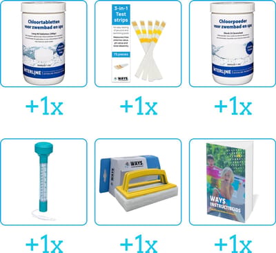 Zwembad Onderhoudspakket - Onderhoud Zwembad - bevat Chloor - Testrips - Chloor - Thermometer - Scrubborstel en Zwembadgids (6-delig)