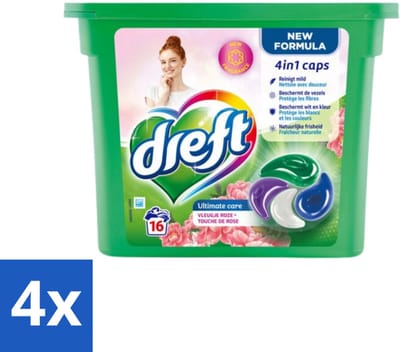 4 x Dreft - Nieuwe Formule - Wasmiddelcapsules 4in1 - Witte en Gekleurde Was - Vleugje Roze - 16 Wasbeurten - Wasmiddelcapsules - Wascapsules - Wasmiddel - Waspoeder - Kleurbescherming