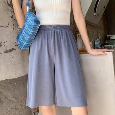 Shorts larges en soie glacée pour femmes, été, amples, taille haute, jambes droites, drapé, décontracté, pantalon cinq points, short à taille élastique pour femmes S gray