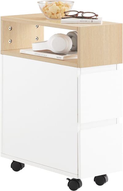 SoBuy FBT155-WN Nachtkastje op wielen 50x20x61 cm Wit/Hout met 1 open vak en 2 lades