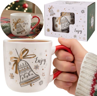 Witte, KERSTMOK van porselein met oor en belmotief – VERPAKT IN EEN CADEAUVERPAKKING 320 ml