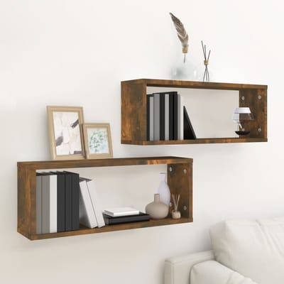 vidaXL - Wandschappen - kubus - 2 - st - 60x15x23 - cm - bewerkt - hout - gerookt - eiken