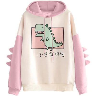 Dames Hoodie Dinosaurusprint Kleurcontrast Campus Oversized Pasvorm Warm Sweatshirt voor Dagelijks Gebruik Hoge Kwaliteit Praktisch Dagelijks Gebruik M roze
