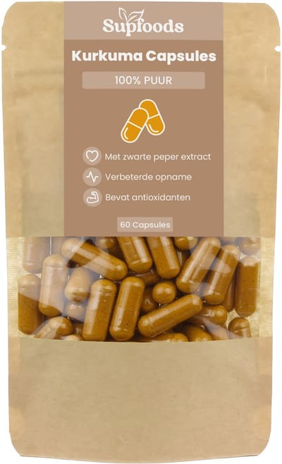 Kurkuma Capsules 100% Puur - 60 Capsules - Kurkuma Capsules met Zwarte Peper - Rijk aan Curcumine en Antioxidanten - Ideaal voor Dagelijks Gebruik met 600mg per Capsule - Turmeric