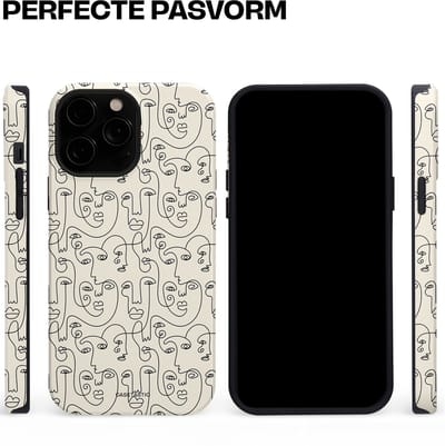 Casetastic hoesje geschikt voor Apple iPhone 13 Pro Max - MagSafe - Dubbellaagse bescherming - Art Deco Creme Abstractie Lijntekening Gezichten - Fashion Case - Zilver Crème Wit