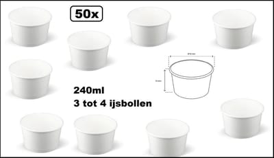 50x IJsbeker wit 240ml karton - 3 a 4 bollen - IJs beker - Party schepijs softijs ijsje zomer festival thema feest
