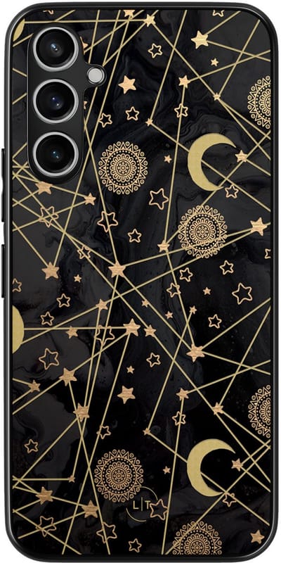 Leuke Telefoonhoesjes - Hoesje geschikt voor Samsung Galaxy A54 - Sterren, zon, maan - Backcover zwart - Print / Illustratie - Zwart, Goud