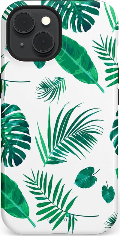 Casetastic Hoesje Geschikt voor Apple iPhone 15 Magsafe - Stijlvolle Beschermende Duo-layer Case - Groene Witte Jungle Bladeren Print