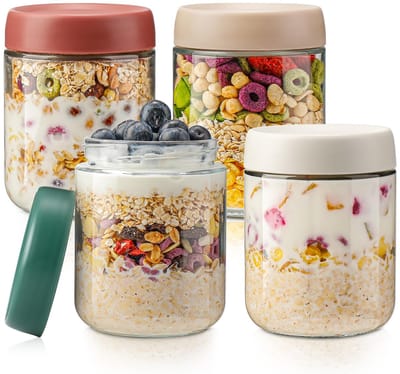 longziming -Set van 4 Glazen Voedselpotten 500ml – Luchtdichte Deksel in 4 Kleuren – Duurzaam en Praktisch – Ideaal voor Yoghurt, Pudding en Meal Prep