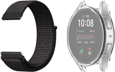 Strap-it Nylon band Zwart + TPU Case Transparant - Geschikt voor Samsung Galaxy Watch 5 40mm - Bescherming hoesje voor Galaxy Watch 5 40mm smartwatch - Zachte nylon band zwart + TPU Case Transparant