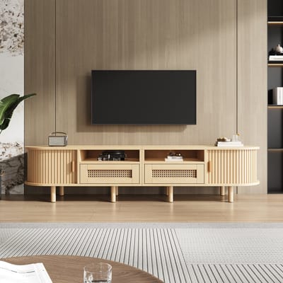 MODFU – Tv-Meubel met 2 Laden en 2 Schuifdeuren – Ovaal Vintage Ontwerp – Rattan Accenten & Reliëf – Licht Eiken – MDF – 170x40x40 cm – Voor Woonkamer