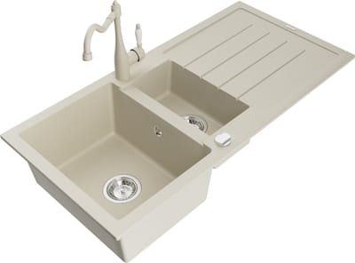 Mexen Andres granieten spoelbak 1,5-komorige met afdruiprek en keukenkraan Carla, beige - 6515-69-670700-69
