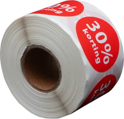 500 Etiketten Rond 30% korting Rood - 35 mm op Rol - Kortingssticker - Reclame sticker - Ronde stickers - DULA