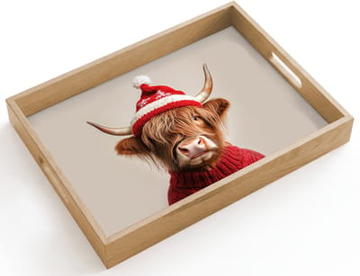 Dienblad hout 40x30 cm - Schootdienblad - Schotse Hooglander - Kerst - Muts - Trui - Winter - Borrelplank rechthoek - Plateau dienbladen