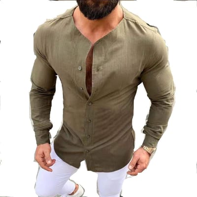 Heren Casual Sportshirt, Stijl Linnen Knop-down Vest, Langmouw Katoen en Linnen Shirt, Slim Fit 3XL