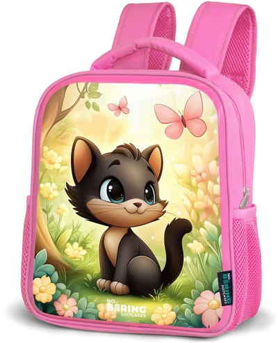 NoBoringSuitcases.com® - Rugzak roze - Schooltas meisjes - Kat - Vlinder - Bloemen - Kinder rugtas meisje - Boekentas kind - Kinderrugzak voor school - Schoolrugzak