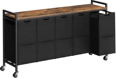 Dailygoody - Wassorteerder - Wasmand met wielen - 5 secties - Rustiek bruin en zwart - Organisatie voor wasgoed - Geschikt voor volwassenen