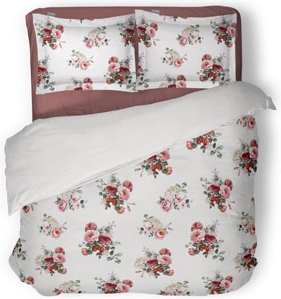 LINNICK Dekbedovertrek Katoen Raspberry - White - Dekbedovertrek 200x200/220cm - 100% Katoen - Tweepersoons - Dekbedovertrekken - Bloemen Dekbedovertrek