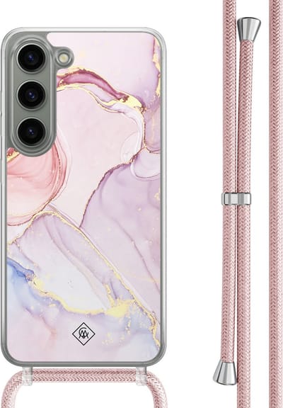 Casimoda® hoesje met rosegoud koord - Geschikt voor Samsung S23 - Marmer roze paars - Afneembaar koord - TPU/polycarbonaat - Paars
