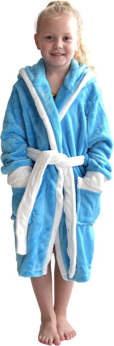 Badjas capuchon aqua blauw - fleece badjas kind - ochtendjas kind - warm & zacht - meisje & jongen - Badrock - maat (7-8jaar) 122-128