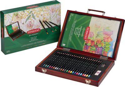 Derwent Academy Houten Kleurpotlodendoos - Geschenkdoos Inclusief 24 Kleurpotloden, Gum, Puntenslijper, A4 Schetsblok - Set van 27 Stuks - Assorti