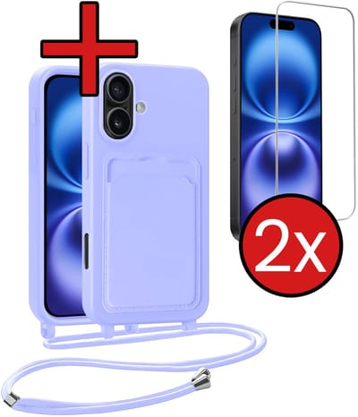 Hoesje Geschikt voor iPhone 16 Plus Hoesje Met Telefoonkoord en Pasjeshouder Met 2x Screenprotector Siliconen - Hoes Geschikt voor iPhone 16 Plus Hoesje Met Kaarthouder Case - Lila