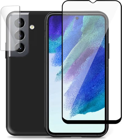 Hoesje geschikt voor Samsung S21 FE - Full Screenprotector & Camera Screen Protector Tempered Glas Cover - Liquid Back Case Zwart