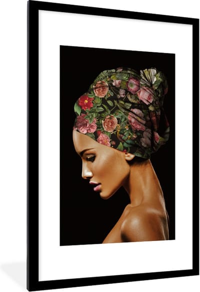 Fotolijst incl. Poster - Vrouw - Hoofddoek - Bloemen - 80x120 cm - Posterlijst