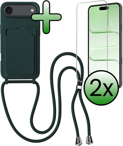 Hoes Geschikt voor iPhone Air Hoesje Pas Houder Case Hoes Met Koord Met 2x Screenprotector - Hoesje Geschikt voor iPhone Air Hoes Met Telefoonkoord Pasjeshouder Cover - Donkergroen