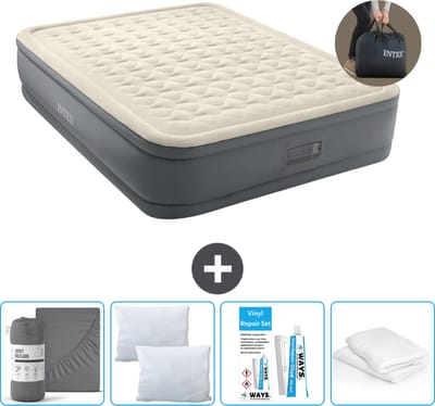 Intex Luchtbed - 2-Persoons - 152 x 203 x 46 cm - Grijs - Inclusief pomp - Hoeslaken - Kussen - Kussenbeschermer en Reparatieset