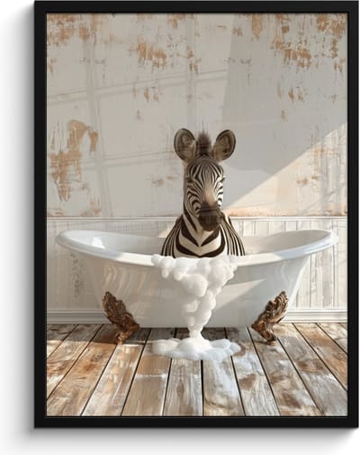 Poster in lijst - Fotolijst 60x80 cm - Posters - Vintage - Zebra - Wilde dieren - Badkuip - Posterlijst zwart - Wanddecoratie badkamer - Muurdecoratie WC - Decoratieve accessoires - Toilet muur decoratie