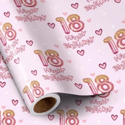 Allecto - Geschenkpapier - 18e verjaardag - Perfect voor verjaardagsfeestje - Roze en harten - Cadeaupapier voor meisjes - 5 meter lang