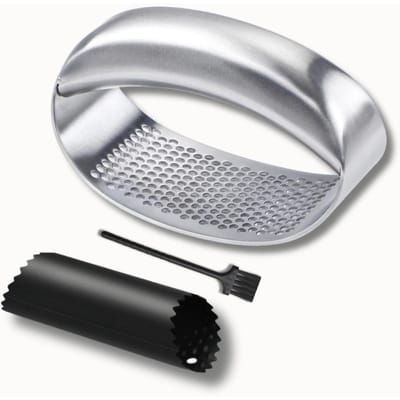 GELLDG Knoflookpers - Knoflookmolen - 11x5cm - Dikwandig, Roestvrij en Hard - Geschikt voor Dagelijks Keukengebruik - RVS 18/10 - Incl. Knoflookschiller, Siliconenrol en Mini Borstel
