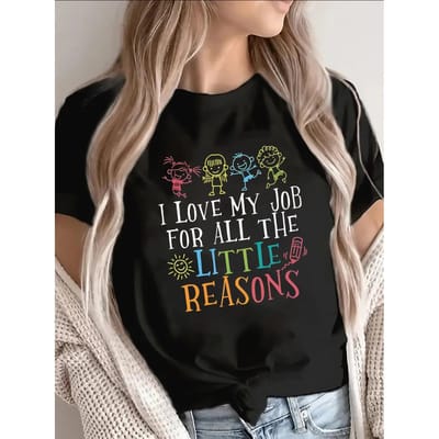 Zwart Dames T-shirt/Kleurrijk Cartoon Ontwerp/Liefde voor je Werk/Ideaal voor Leraren, XXL