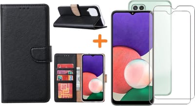 Hoesje Geschikt Voor Samsung Galaxy A22 5G hoesje bookcase Zwart Met screenprotector / 2X tempered glass