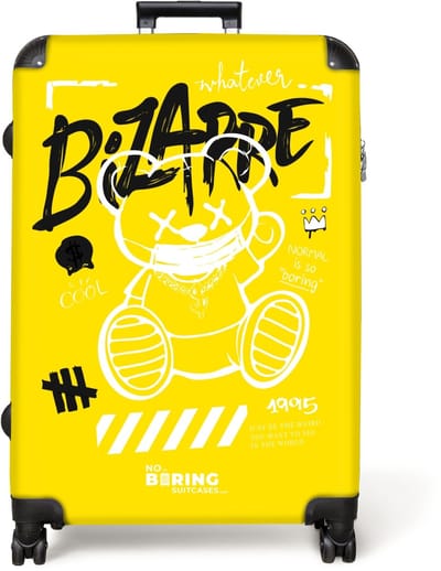 NoBoringSuitcases.com® - Koffer groot - Reiskoffer lichtgewicht - Graffiti art van een teddybeer op gele achtergrond - Rolkoffer met 4 wielen - Grote trolley XL - 98 liter bagage